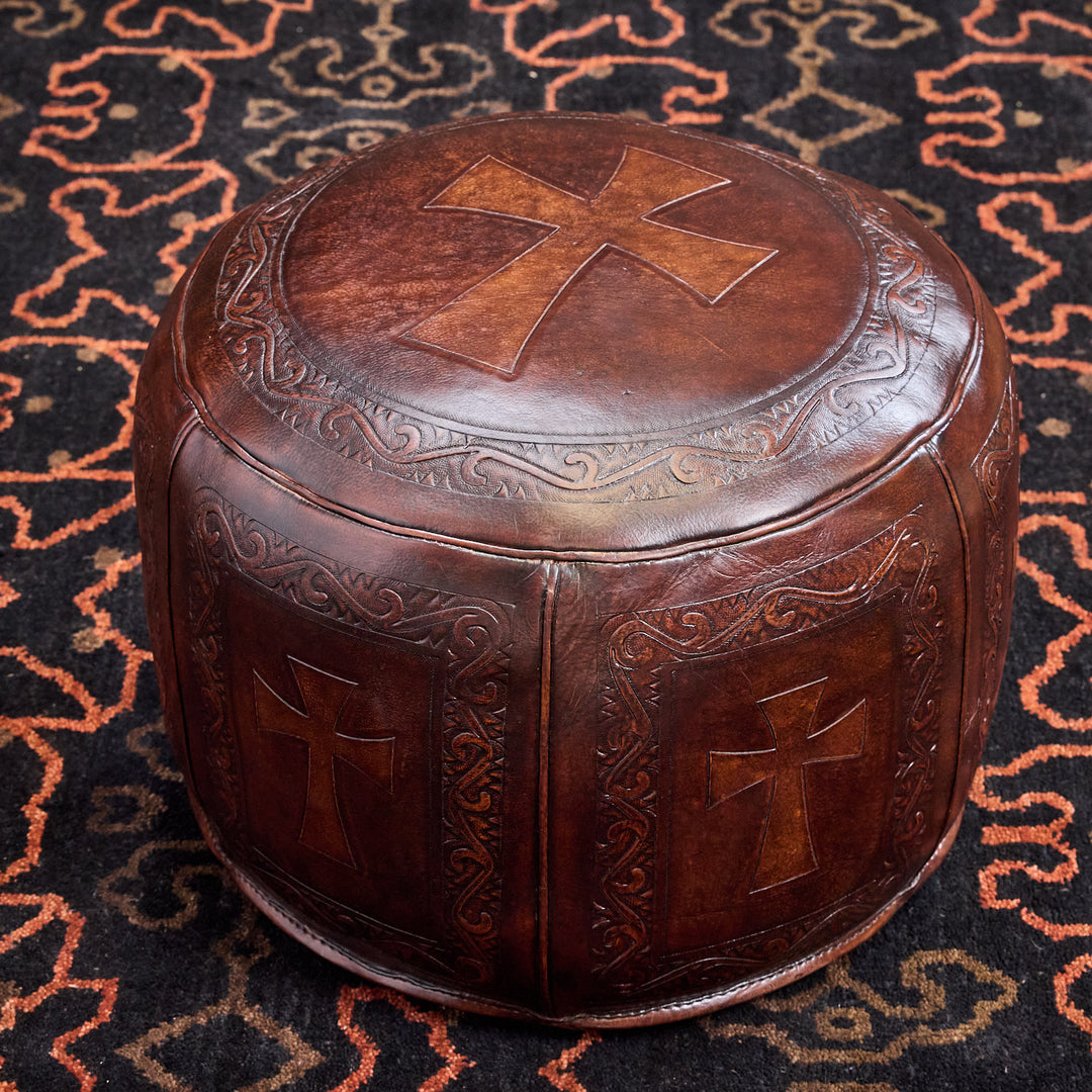 Western Antique Tooled Leather Ottoman