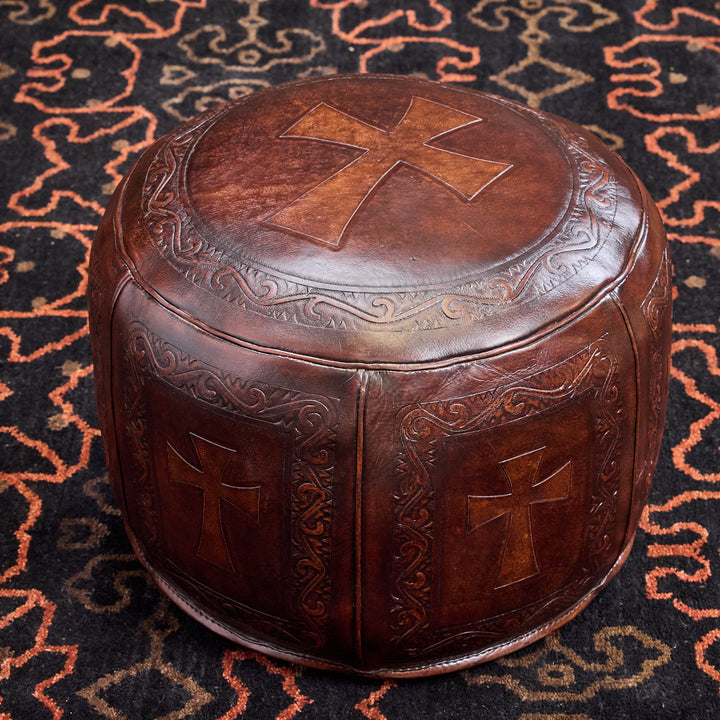 Western Antique Tooled Leather Ottoman