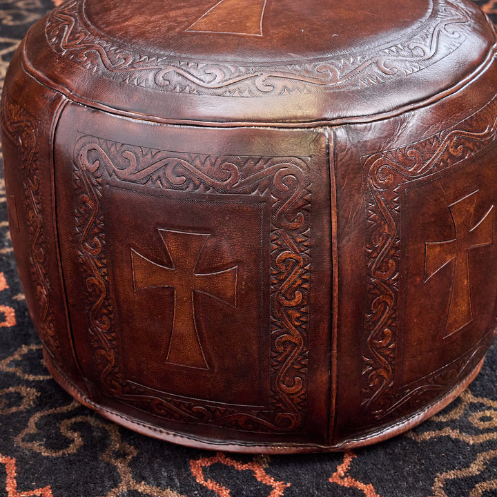 Western Antique Tooled Leather Ottoman