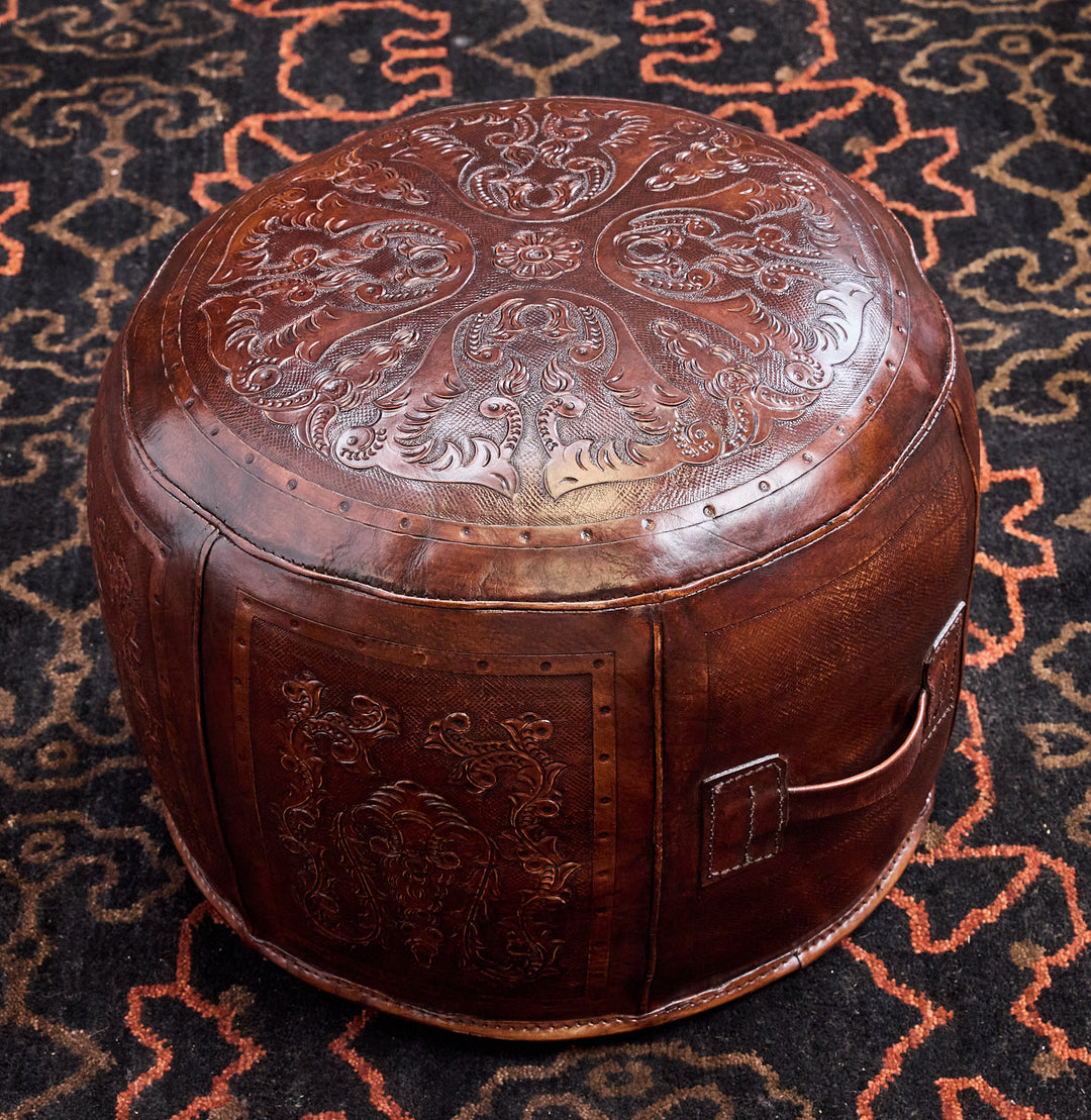 Western Antique Tooled Leather Ottoman