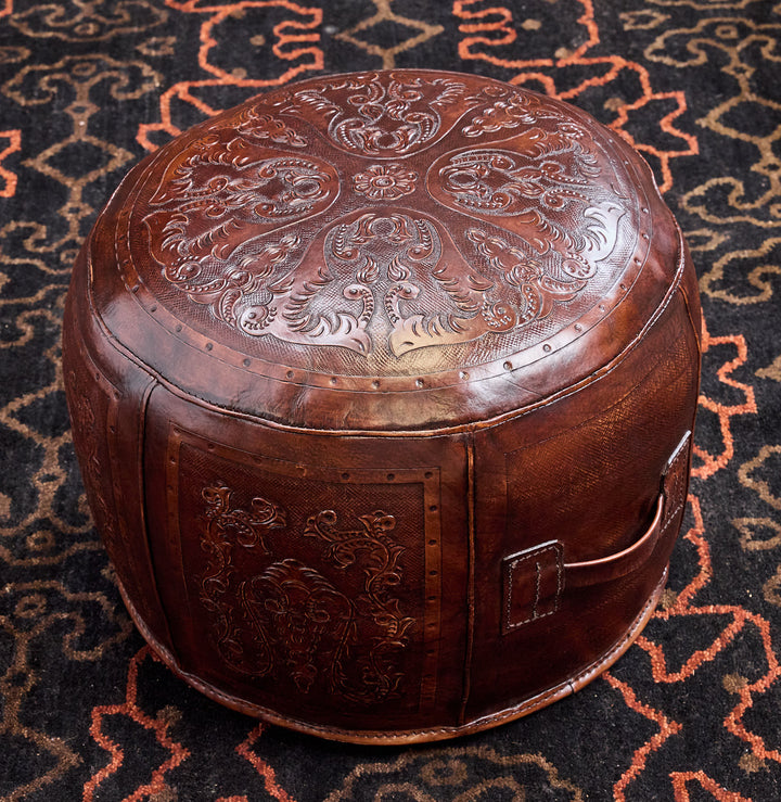 Western Antique Tooled Leather Ottoman