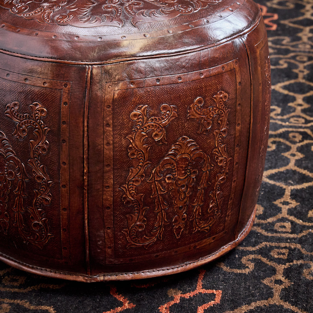 Western Antique Tooled Leather Ottoman