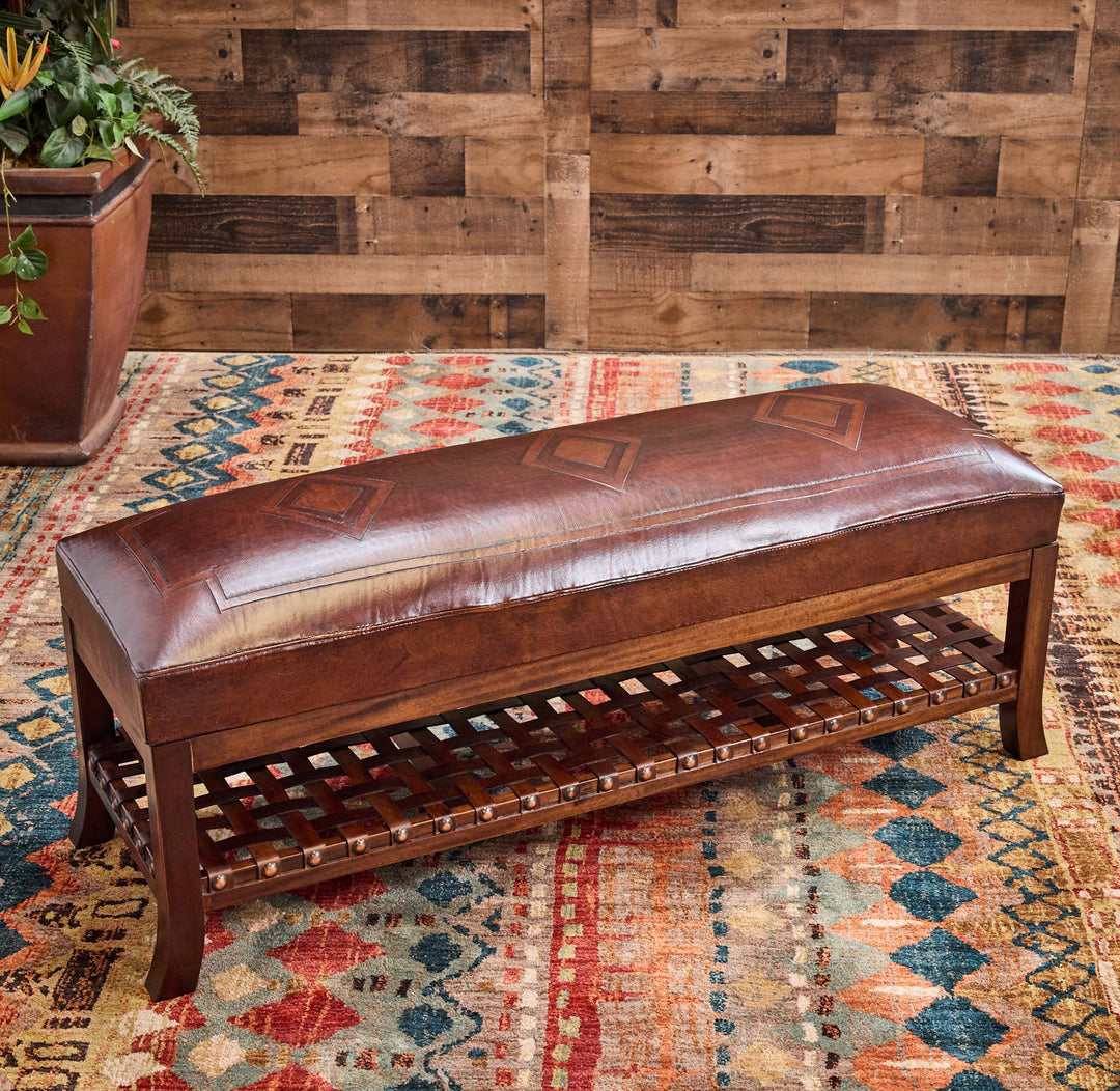 Diamond Antique Brown Tooled Leather Bench