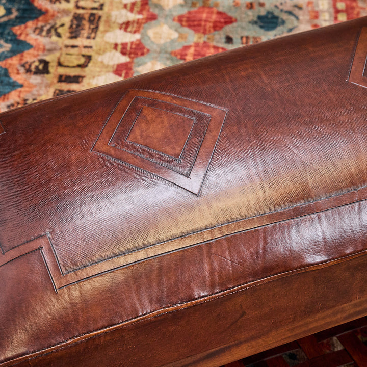 Diamond Antique Brown Tooled Leather Bench