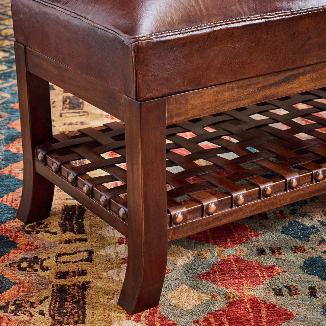 Diamond Antique Brown Tooled Leather Bench