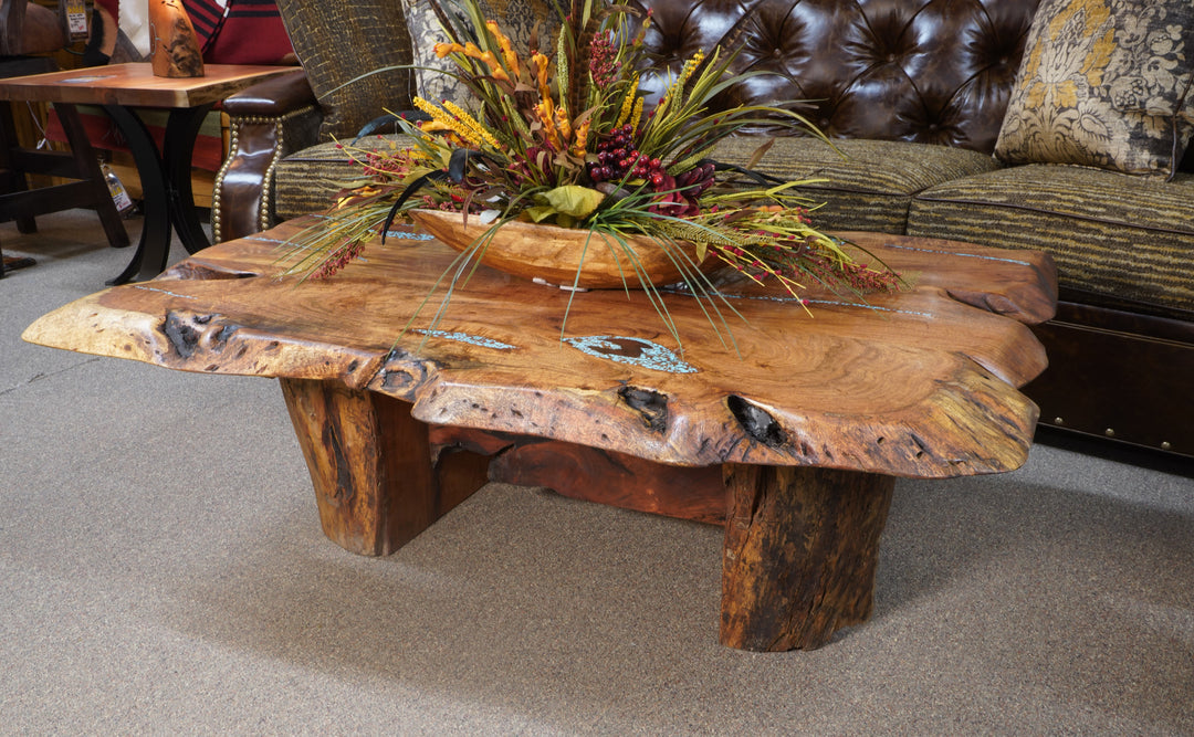 Mesquite Coffee Table with Turquoise and Copper Inlays -Root Base