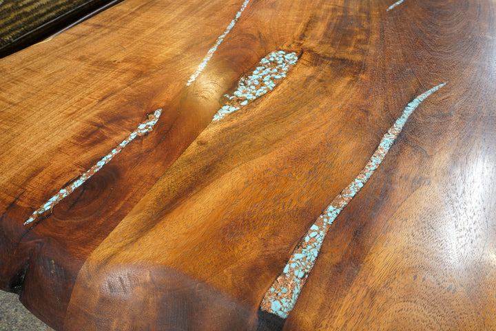 Mesquite Coffee Table with Turquoise and Copper Inlays -Root Base