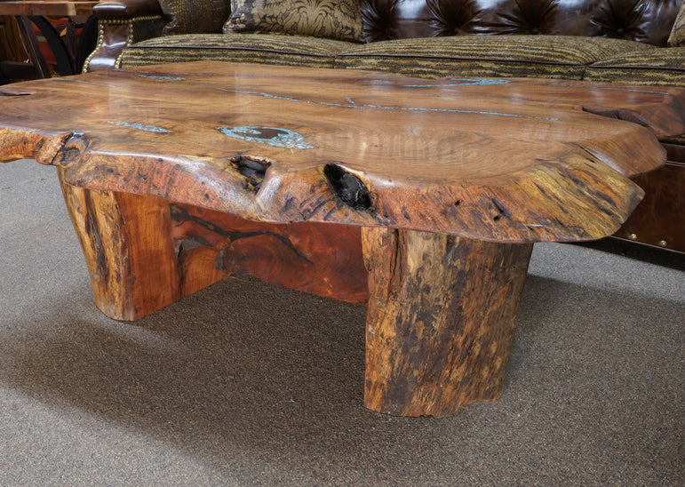 Mesquite Coffee Table with Turquoise and Copper Inlays