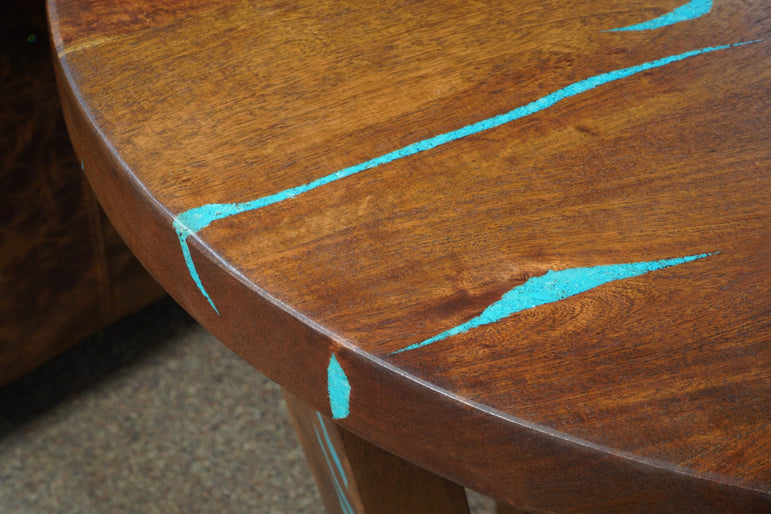 Brazos Round Mesquite End Table with Turquoise Inlays