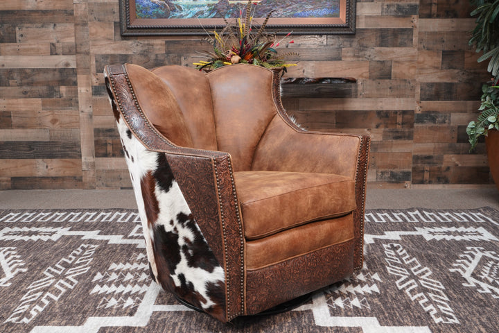Woodrow Swivel-Glider Leather Chair with Cowhide