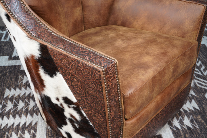 Woodrow Swivel-Glider Leather Chair with Cowhide
