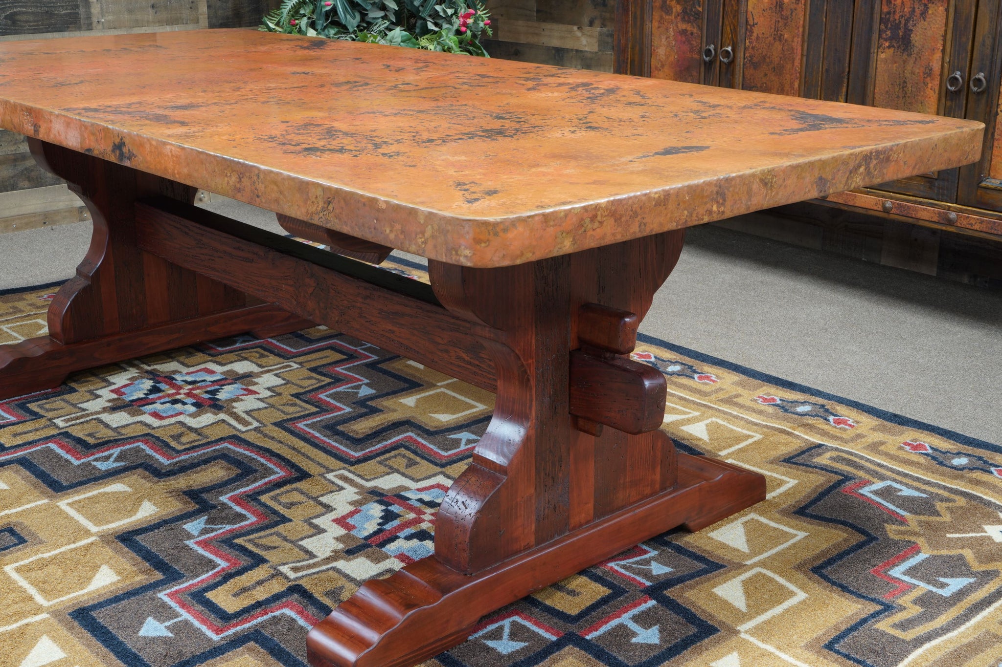 Hammered Copper Dining Table Top Mounted on a Trestle Style