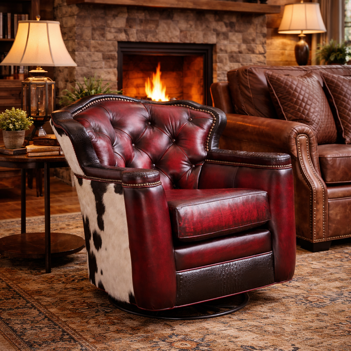 Kingsville Cowhide and Antique Red Swivel Glider Chair