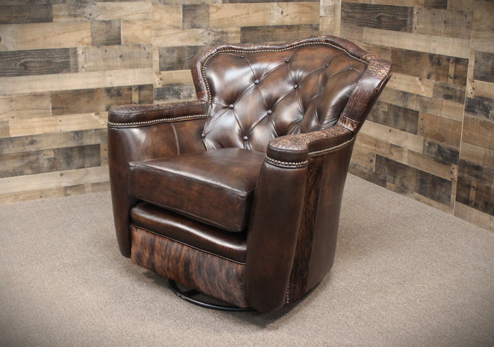 Tucker Swivel-Glider Chair with Cowhide