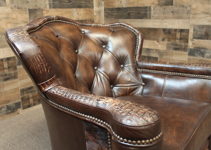 Tucker Swivel-Glider Chair with Cowhide