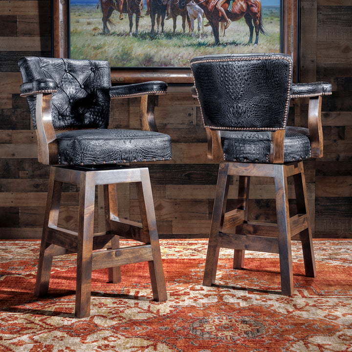 Black Croc Western Leather Bar Stool