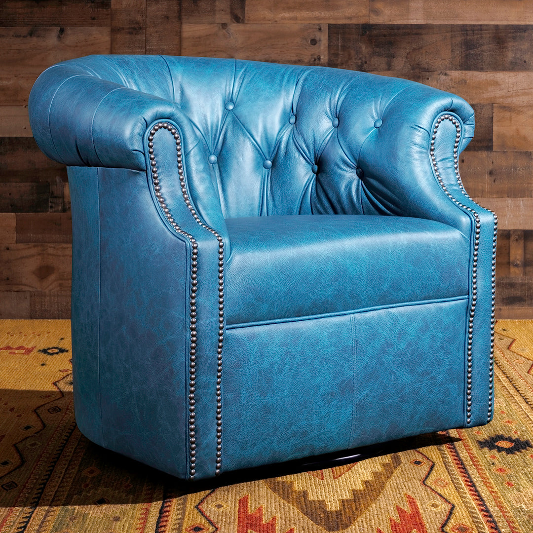 Turquoise Tufted Leather Swivel Chair Western Barrel Chair – Hat