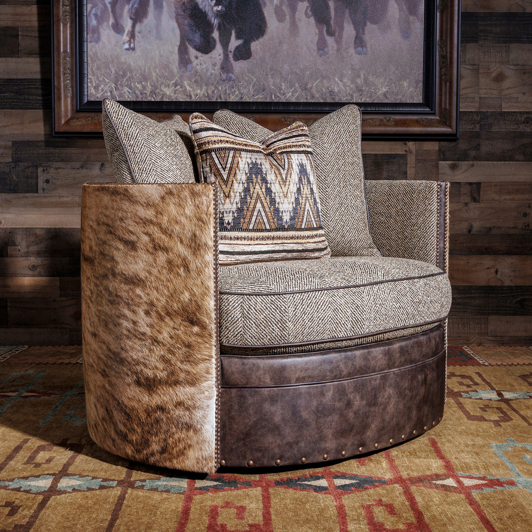 cowhide and fabric swivel chair