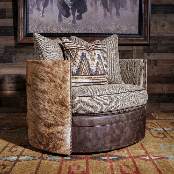 cowhide and fabric swivel chair