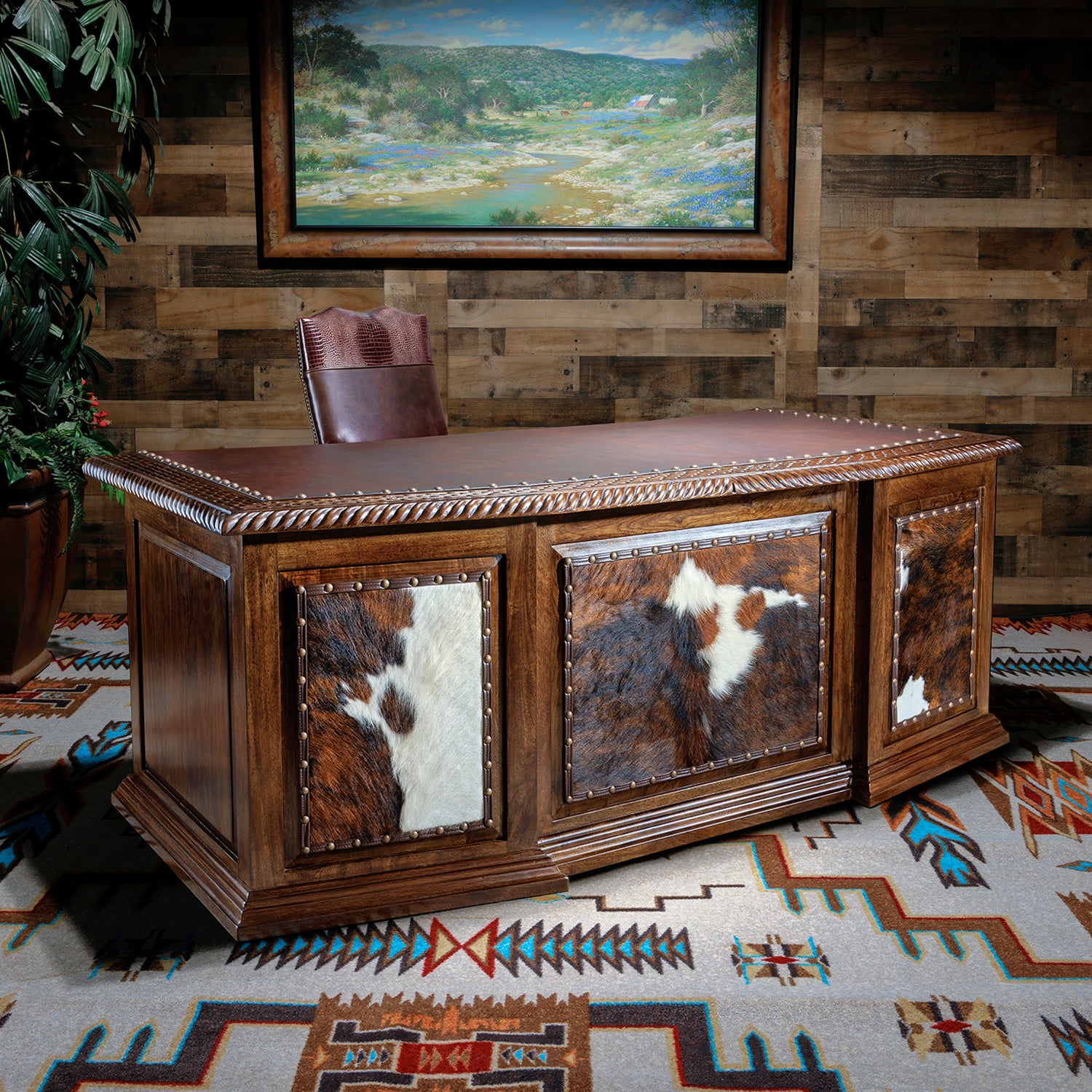 Hiroyuki　TRUCK FURNITURE DESK Executive Office Desk w/ Cowhide - Cowhide Inlay - Hat Creek Interiors