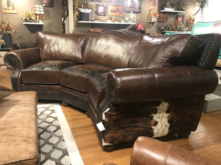 Gator and Cowhide Curved Sofa | Western Conversational Couch For