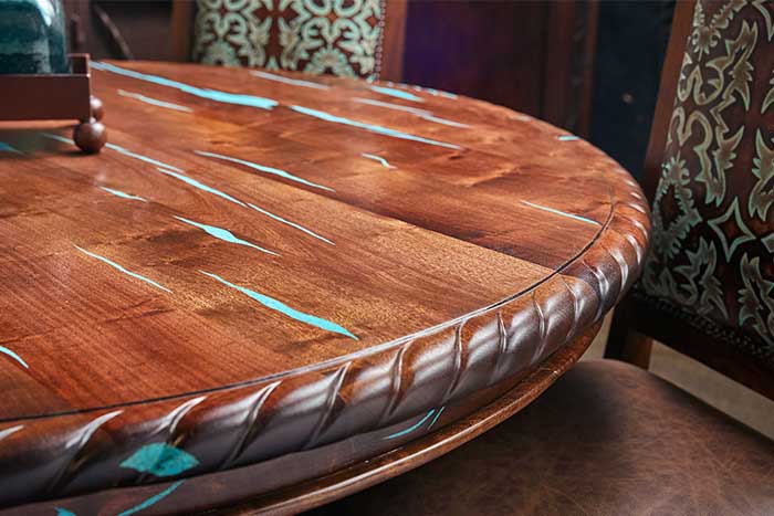 Round Mesquite Dining Table With Turquoise Inlay
