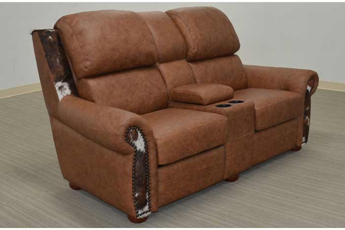 Leather and Cowhide Reclining Loveseat With Console