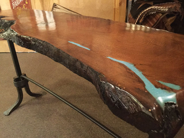 Mesquite and Turquoise Sofa Table with Iron Base