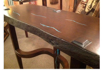 Dark Mesquite Sofa Table W/ Turquoise Inlay