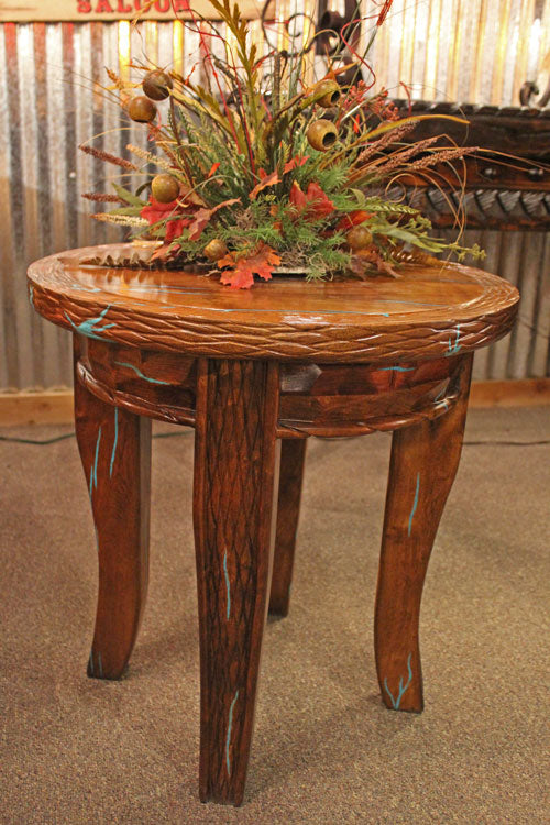 Round Mesquite End Table With Turquoise Inlay