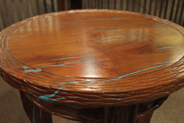 Round Mesquite End Table With Turquoise Inlay