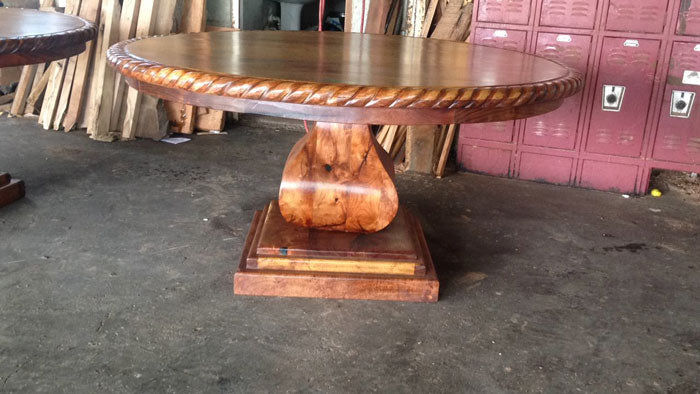 Round Mesquite Dining Table With Rope Edge and Turquoise Inlay