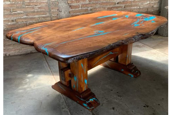 Epoxy resin river dining table with bench, walnut wood, turquoise