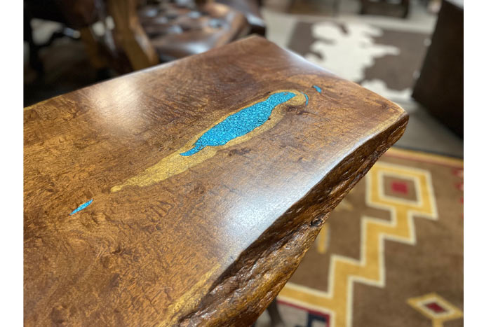 Geronimo Mesquite Sofa Table with Turquoise Inlay and Iron Base