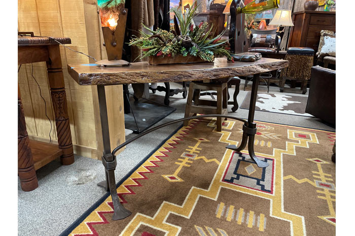 Geronimo Mesquite Sofa Table with Turquoise Inlay and Iron Base