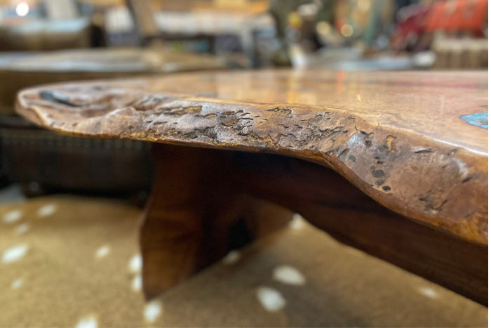 Mesquite Coffee Table with Turquoise and Copper Inlays- Slab Base