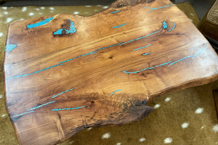 Mesquite Coffee Table with Turquoise and Copper Inlays- Slab Base