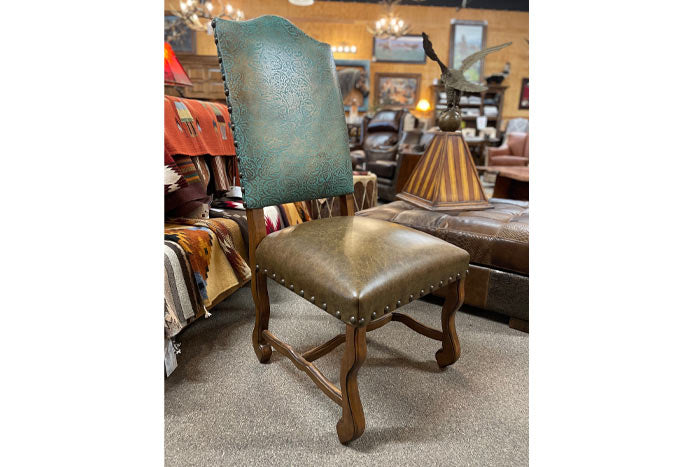 Turquoise Tooled Leather Dining Chair with Copper Accents